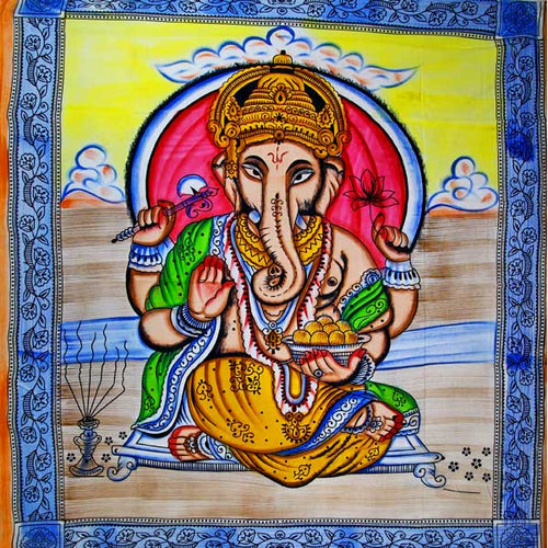 Ganesha-Holding-Lotus-Flower-In-Pastels-With-Tassels-Tapestry-with-Blue-Border_500x500.jpg